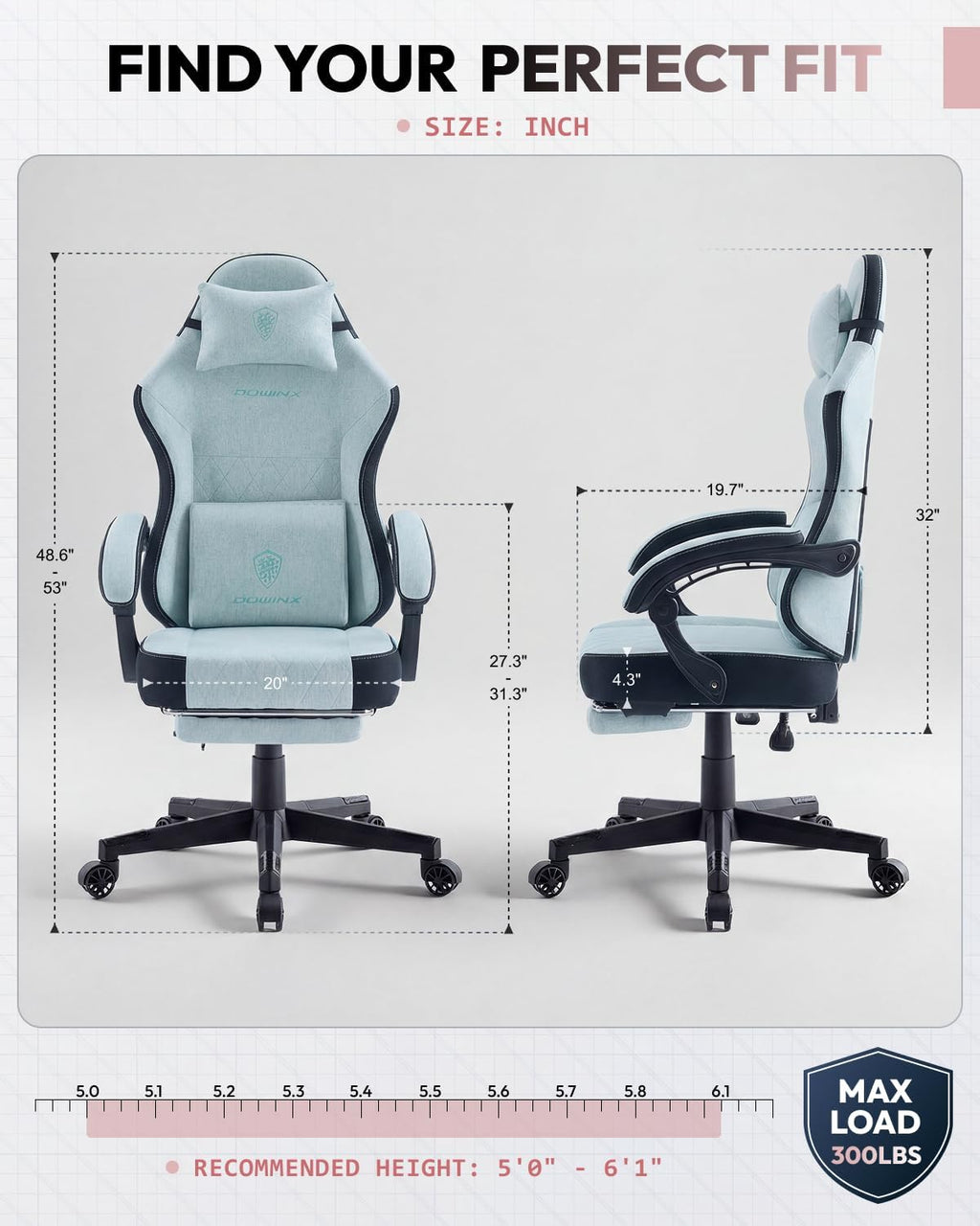 Dowinx Gaming Chair, Fabric Gaming Chairs for Adults with Pocket Spring Cushions and Lumbar Support, Ergonomic Massage Computer Chair with Footrest for Big and Tall, Aqua