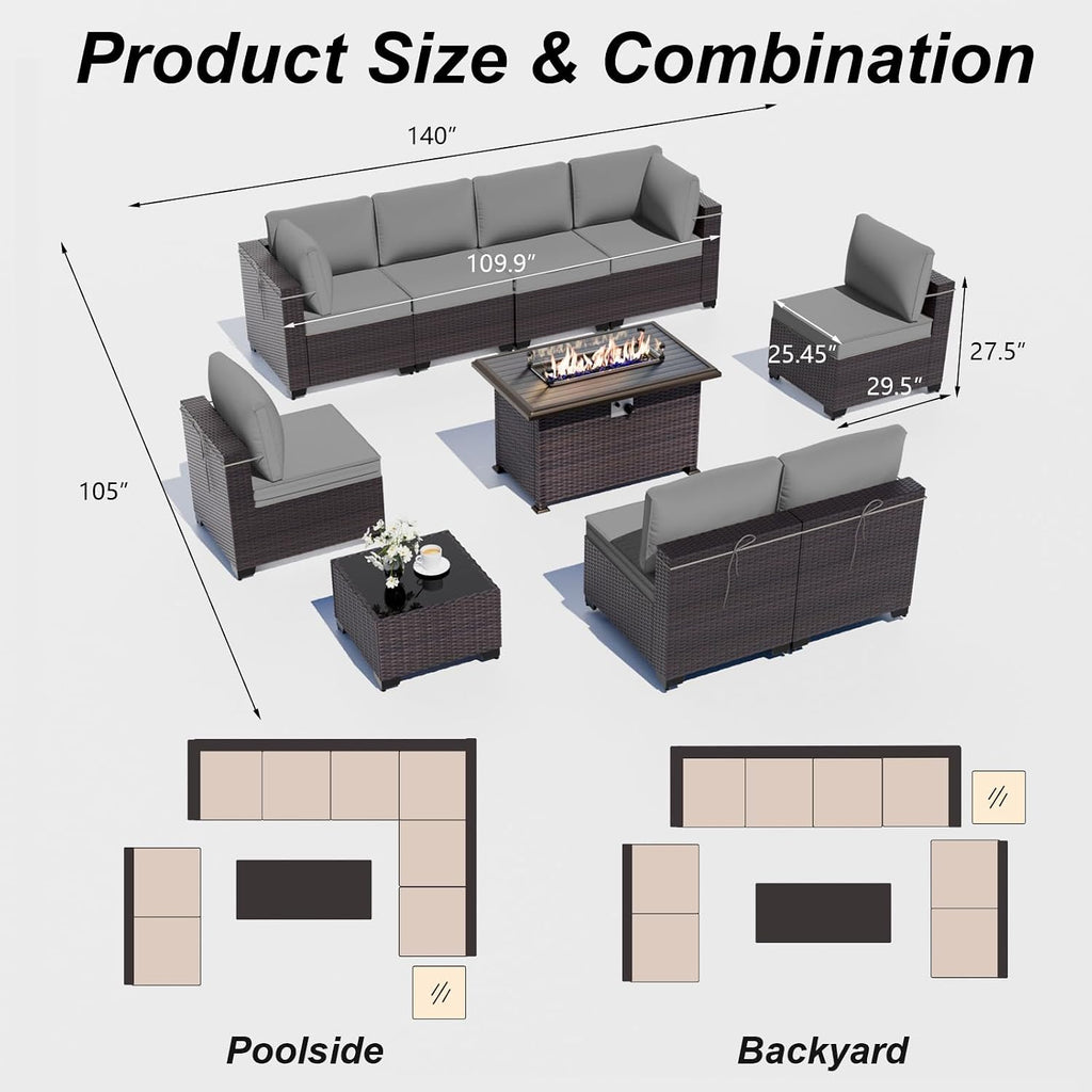 ALAULM 10 Pieces Patio Furniture Set with Propane Fire Pit Table Outdoor Sectional Sofa Sets Patio Furniture 43' Gas Fire Pit Brown PE Rattan Patio Conversation Set w/8 Seat Cushions (Grey)
