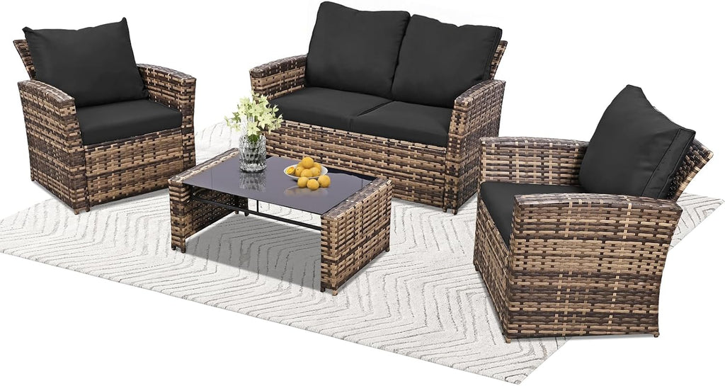 FHFO 4 Piece Patio Furniture Set, Wicker Outdoor Conversation Furniture Set, All Weather Patio Sofa Couch with Cushion & Glass Table, Yellow/Black