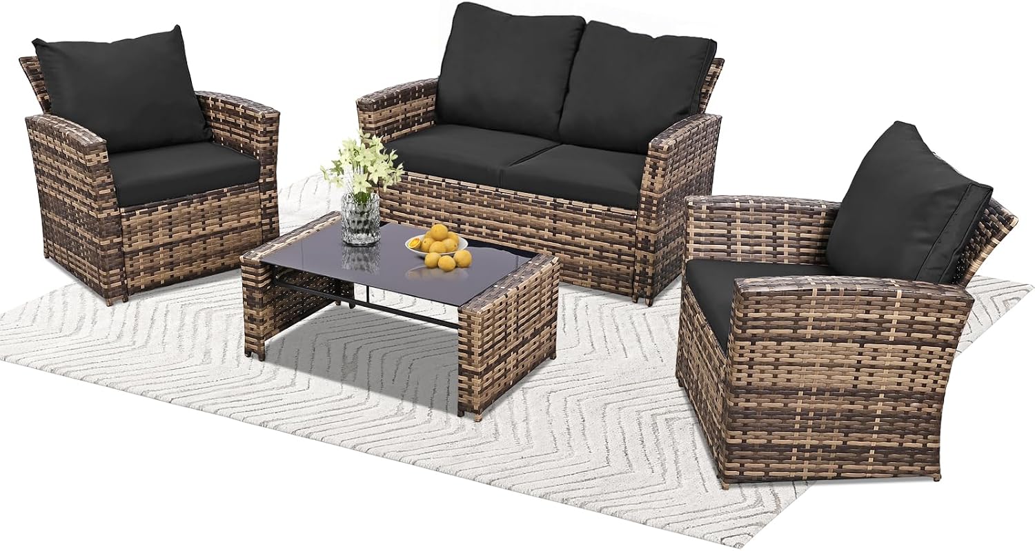 FHFO 4 Piece Patio Furniture Set, Wicker Outdoor Conversation Furniture Set, All Weather Patio Sofa Couch with Cushion & Glass Table, Yellow/Black