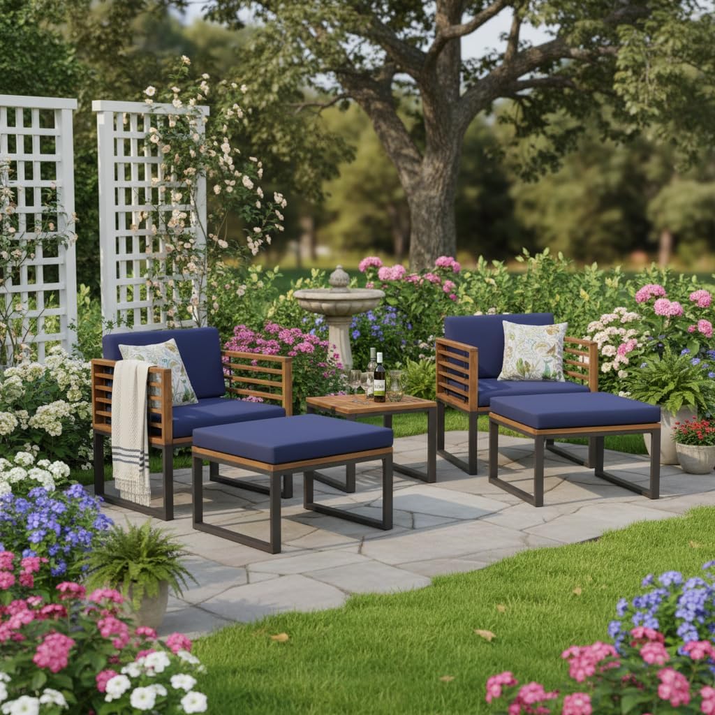 Tangkula 5 Pieces Acacia Wood Patio Furniture Set with Ottomans, Outdoor Conversation Set with Soft Cushions and Coffee Table for Poolside, Garden, Balcony and Backyard, Navy