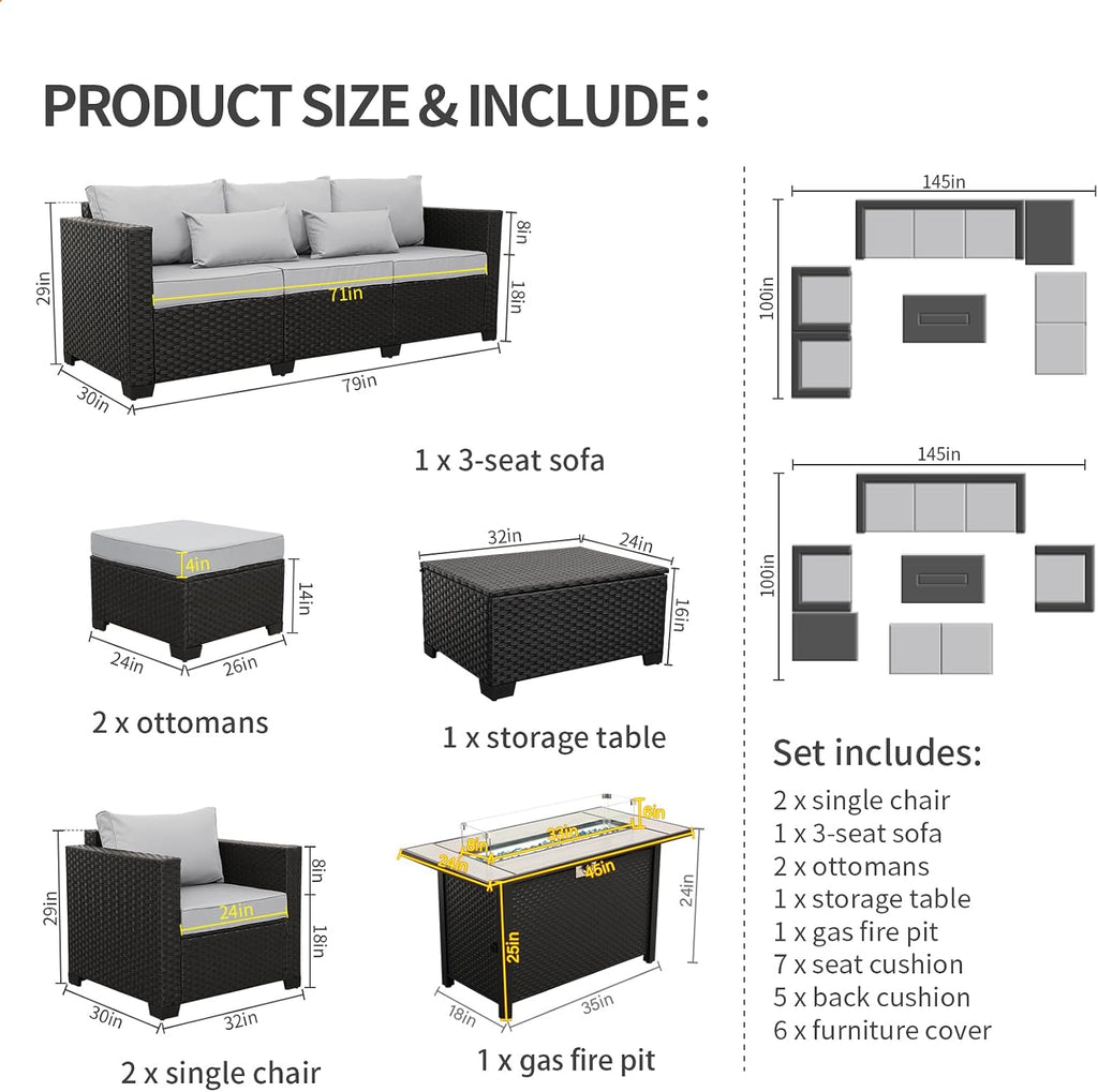 Patio Furniture Set 45 In Outdoor Fire Pits 7 Pieces Outdoor Patio Furniture 60000 BTU Outdoor Propane Fire Pit Table Patio Sofa Outdoor Chairs Anti-slip Cushions Waterproof Covers, Light Grey