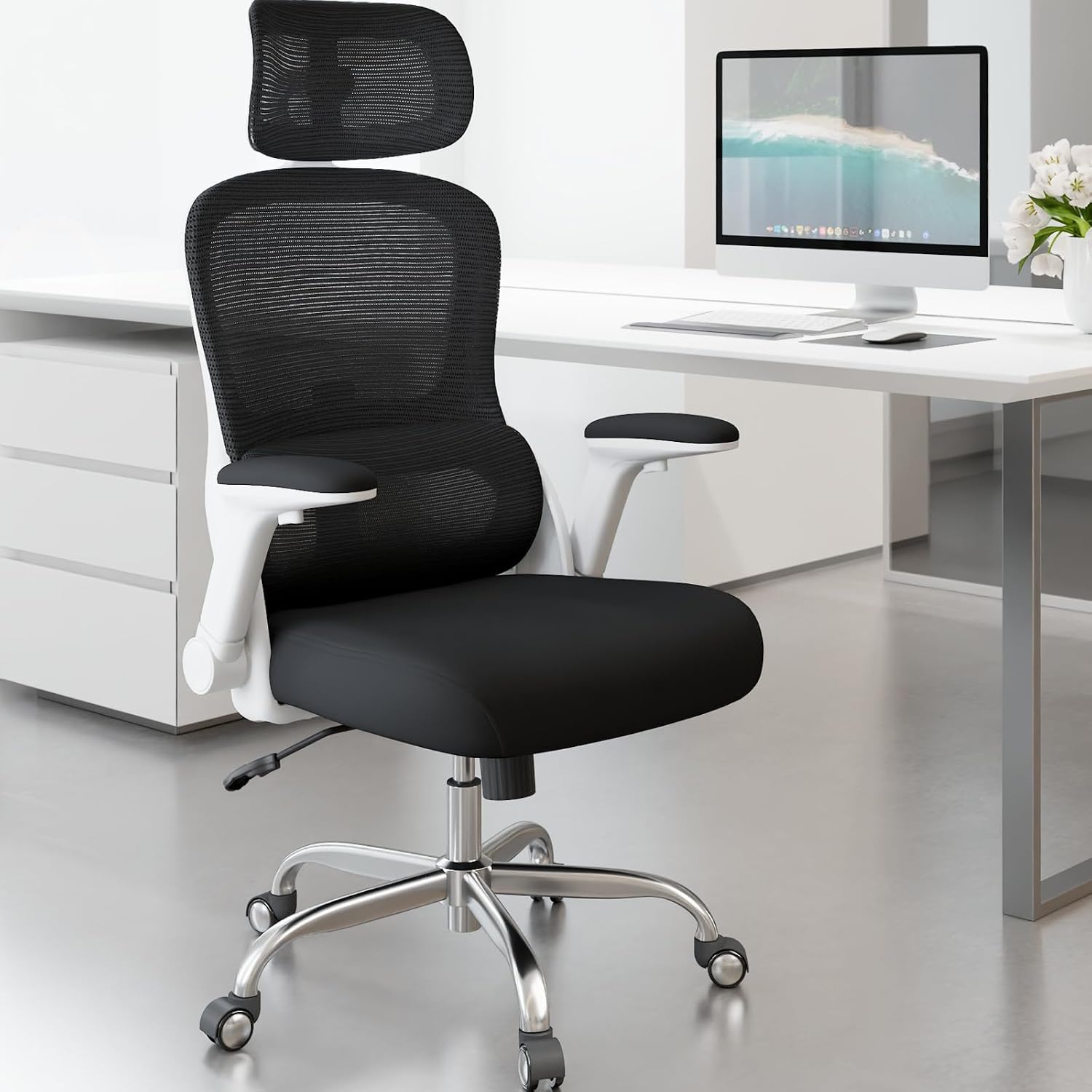 Office Chair - Ergonomic Desk Chair with Adjustable Headrest Lumbar Support Computer Chair - Mesh Comfy Chairs with Flip-up Armrests - Big and Tall Gaming Chairs for Adults Home Office(White Black)