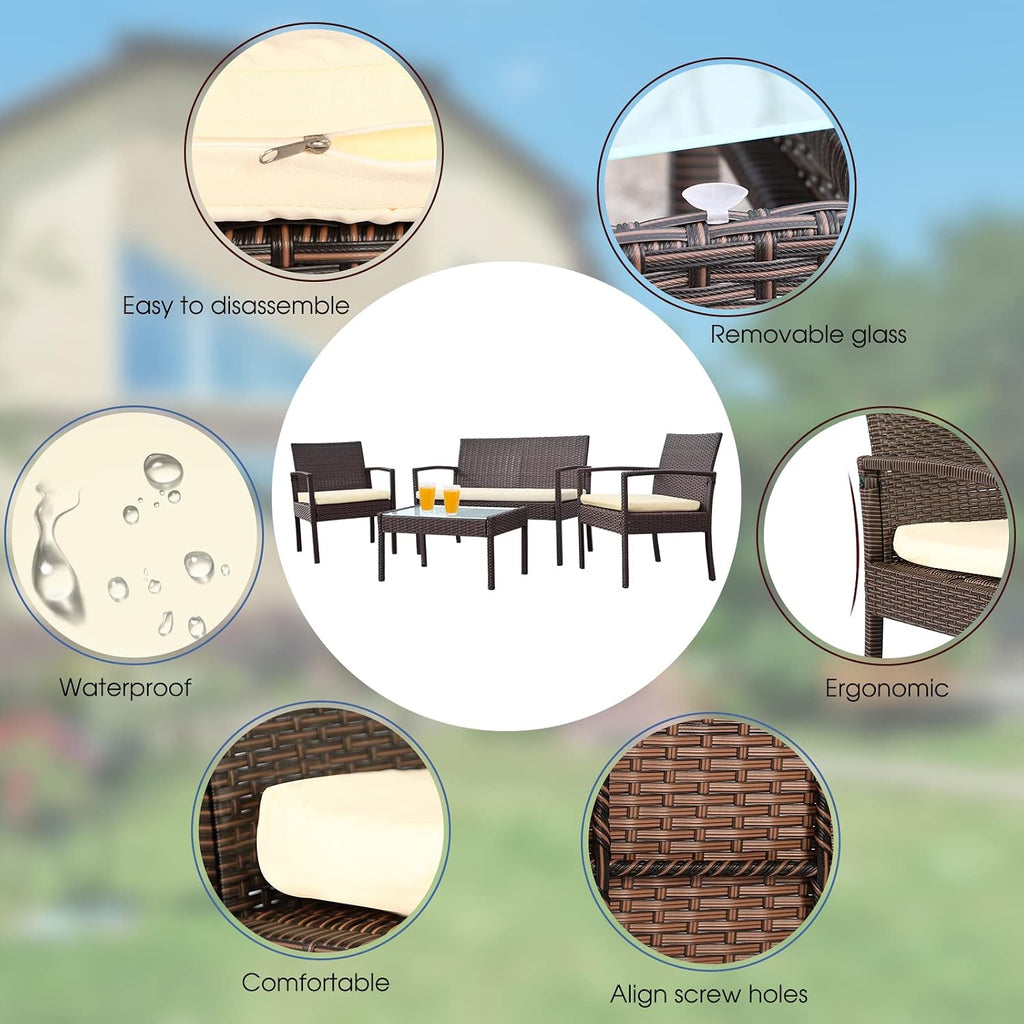 4 Piece Outdoor Patio Furniture Set, Rattan Patio Conversation Set with Table,Modern Wicker Chairs and Table Sets,Outdoor Furniture for Porch, Garden, Lawn,Beige