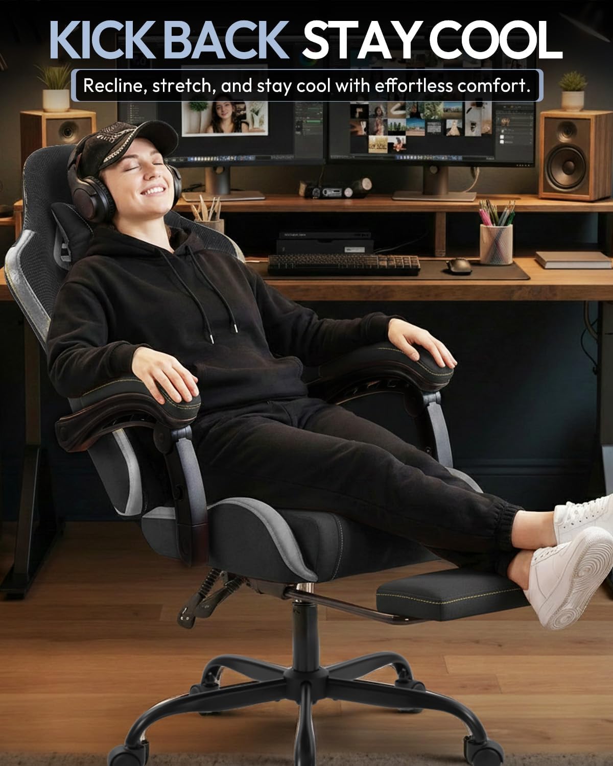 Gaming Chair with Footrest, Ergonomic 330lbs Leather Mesh Chair, Massage Lumbar Support, Adjustable Height & Headrest Pillow, Breathable Seat for Office, Home, Streaming, Long Gaming Sessions, Onyx