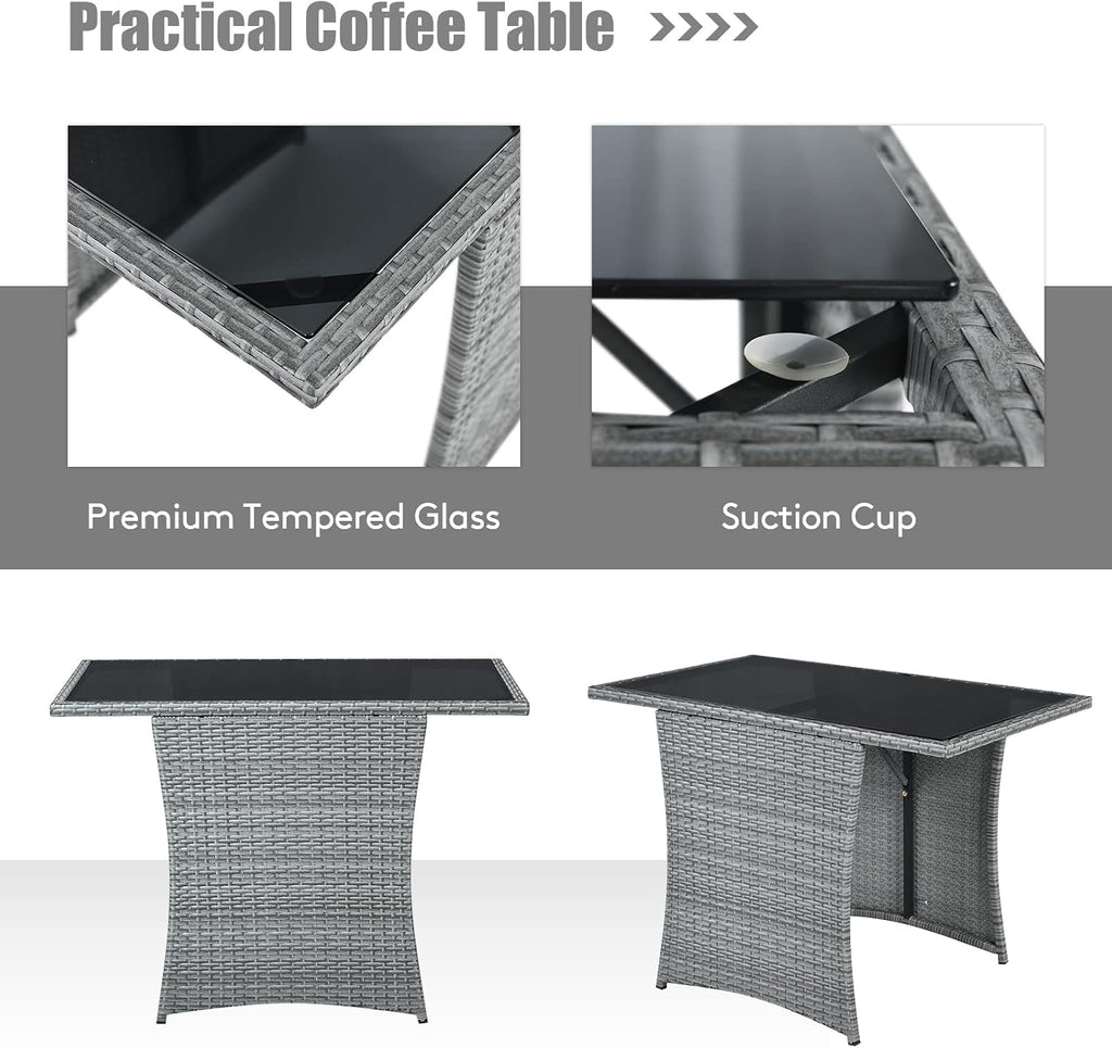 Tangkula 3 Pieces Patio Dining Set, Patiojoy Space-saving PE Rattan Bistro Set with Tempered Glass Top Table and Cushioned Chairs, Outdoor Conversation Set for Garden, Backyard, Poolside, Porch (Gray)