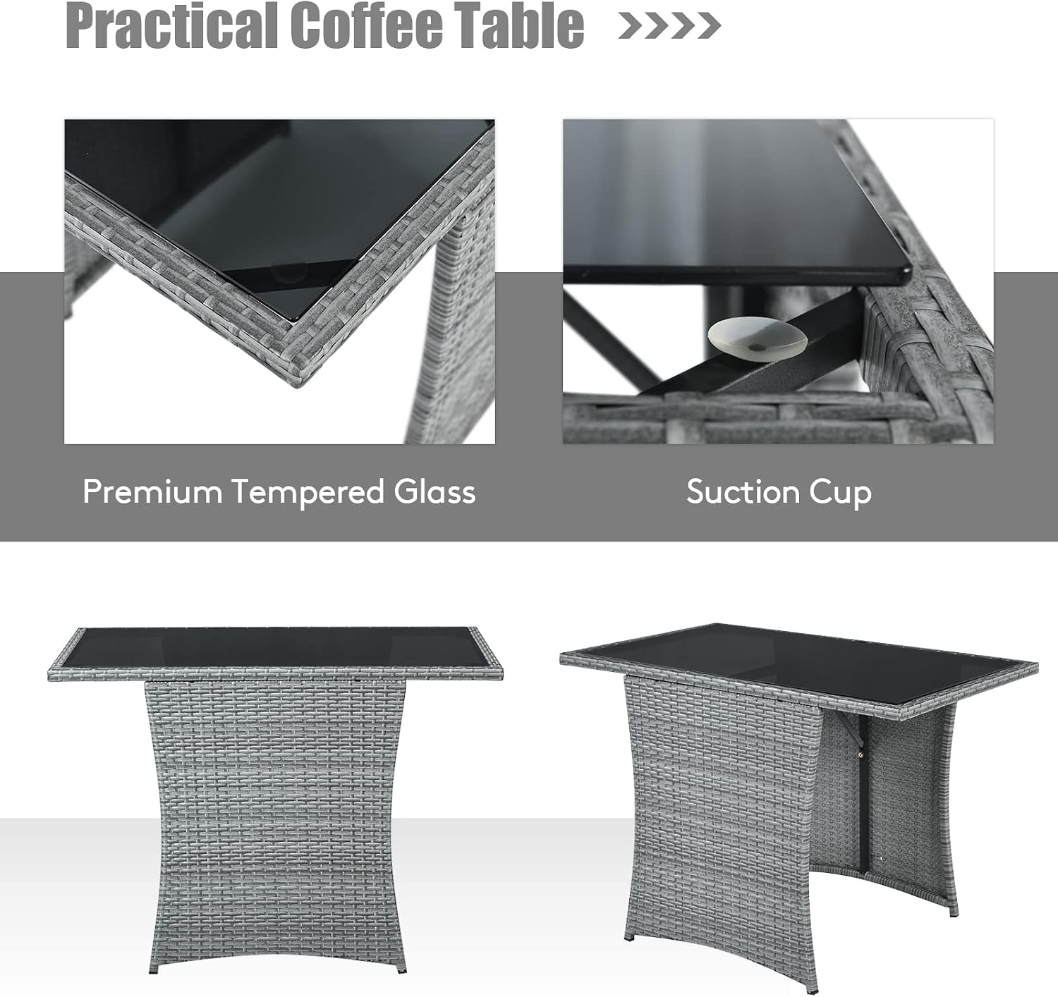 Tangkula 3 Pieces Patio Dining Set, Patiojoy Space-saving PE Rattan Bistro Set with Tempered Glass Top Table and Cushioned Chairs, Outdoor Conversation Set for Garden, Backyard, Poolside, Porch (Gray)