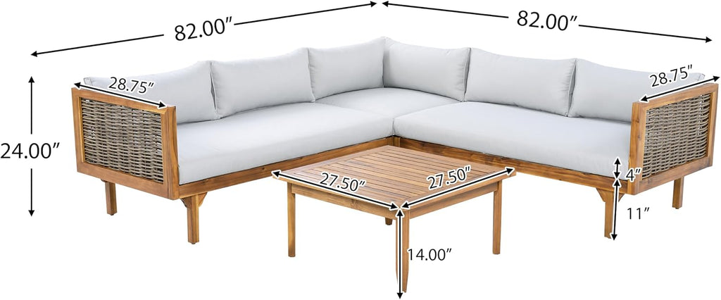 Christopher Knight Home Tenntt 5-Seater Acacia Wood Patio Furniture Set, Outdoor Conversation Sofa Chat Set with Coffee Table, Wicker Arm, Sectional Seating Group for Backyard Balcony, Teak+Light Gray