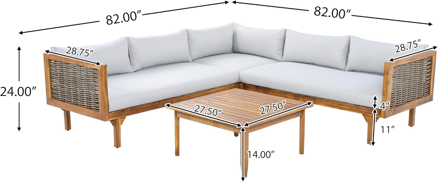 Christopher Knight Home Tenntt 5-Seater Acacia Wood Patio Furniture Set, Outdoor Conversation Sofa Chat Set with Coffee Table, Wicker Arm, Sectional Seating Group for Backyard Balcony, Teak+Light Gray