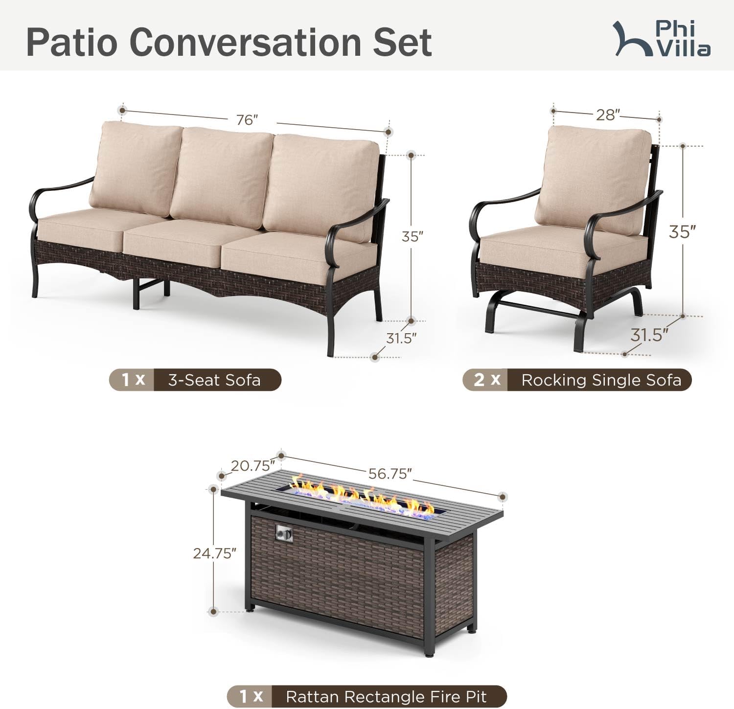 Patio Furniture Set with 56' Fire Pit Table, Premium Outdoor Wicker Metal Frame Furniture with Upgraded Waterproof Thick Cushions for Porch, Poolside, Deck, and Yard （4 Pieces,Beige）
