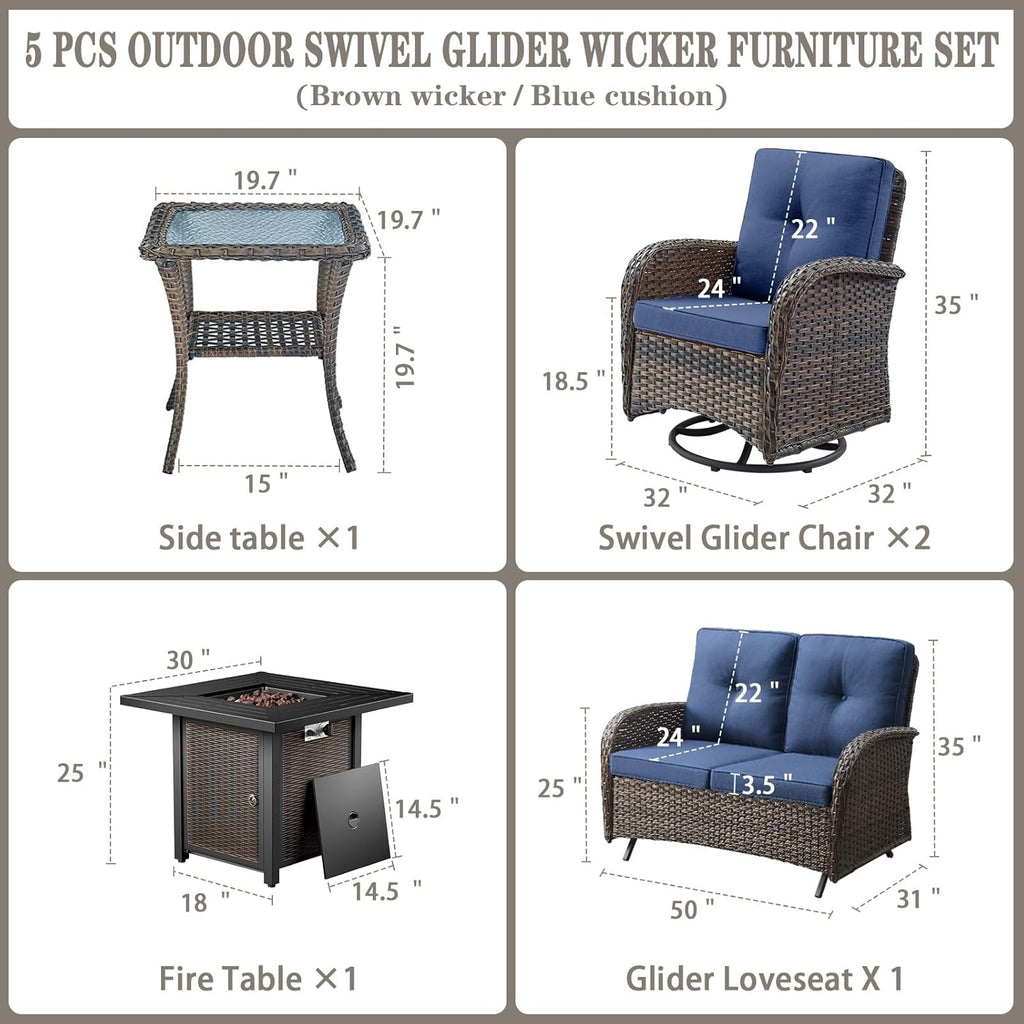 Belord 5 Pieces Patio Furniture Set with 30' Propane Fire Pit Table, Deep Seating Swivel Rocker Glider Outdoor Chairs Set of 4 with Side Table Set of 2 Patio Conversation Set Brown Wicker