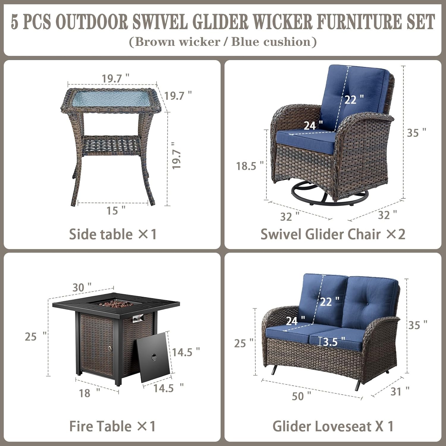 Belord 5 Pieces Patio Furniture Set with 30' Propane Fire Pit Table, Deep Seating Swivel Rocker Glider Outdoor Chairs Set of 4 with Side Table Set of 2 Patio Conversation Set Brown Wicker