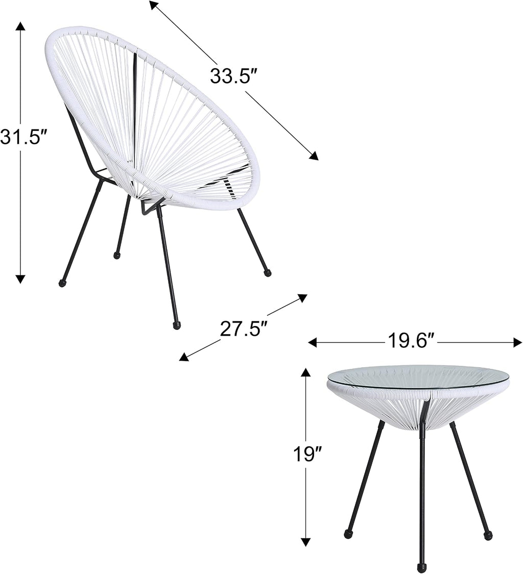 ABCCANOPY 3-Piece Patio Furniture Set,Acapulco Chair Conversation Bistro Set, Indoor&Outdoor All-Weather Patio Furniture Sets with Glass Top Table