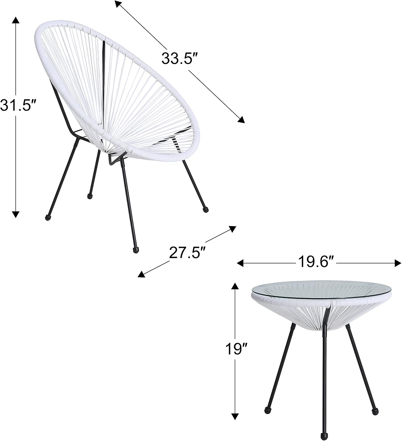 ABCCANOPY 3-Piece Patio Furniture Set,Acapulco Chair Conversation Bistro Set, Indoor&Outdoor All-Weather Patio Furniture Sets with Glass Top Table