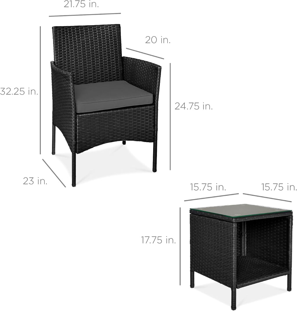 Best Choice Products 3-Piece Outdoor Wicker Conversation Bistro Set, Space Saving Patio Furniture for Garden w/Side Table - Black/Gray