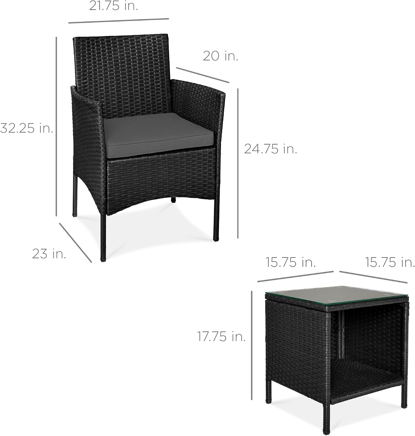 Best Choice Products 3-Piece Outdoor Wicker Conversation Bistro Set, Space Saving Patio Furniture for Garden w/Side Table - Black/Gray
