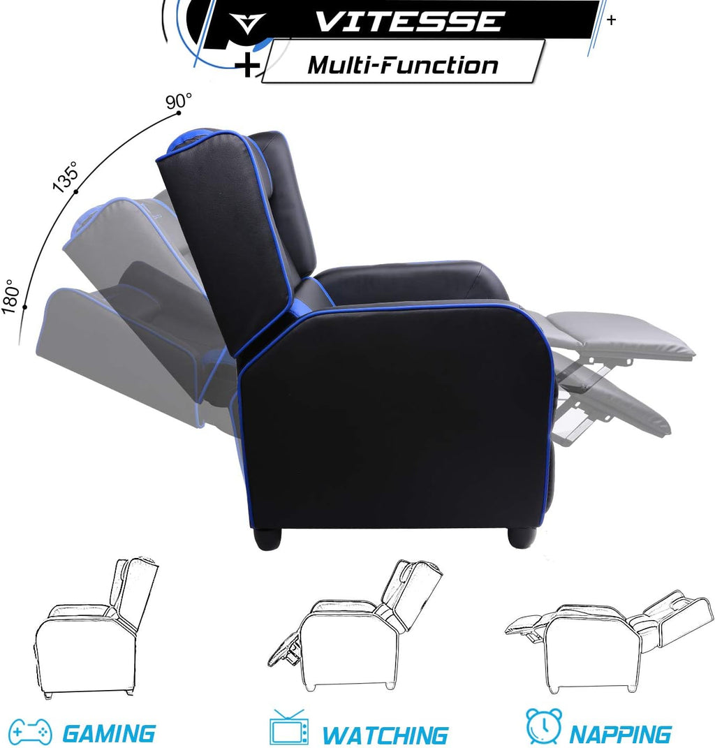 VITESSE VIT Gaming Recliner Chair Racing Style Single PU Leather Sofa Modern Living Room Recliners Ergonomic Comfortable Home Theater Seating, Blue.