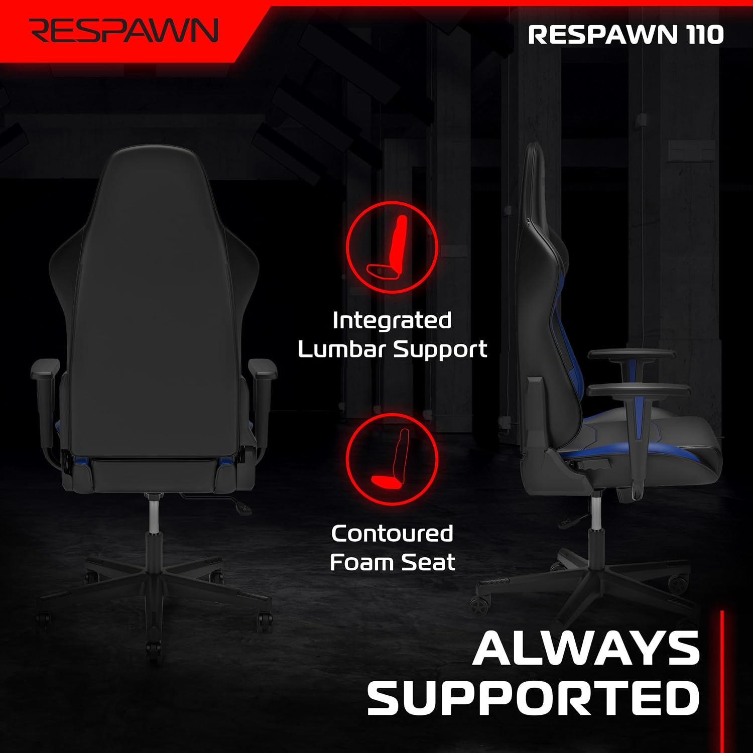 Respawn 110 Ergonomic Gaming Chair - Reclining Office Video Game Swivel Chair with Lumbar Support, Headrest, Heavy Duty, High Back, Racing Style Gaming Recliner Seat for Computer Gamer - Blue