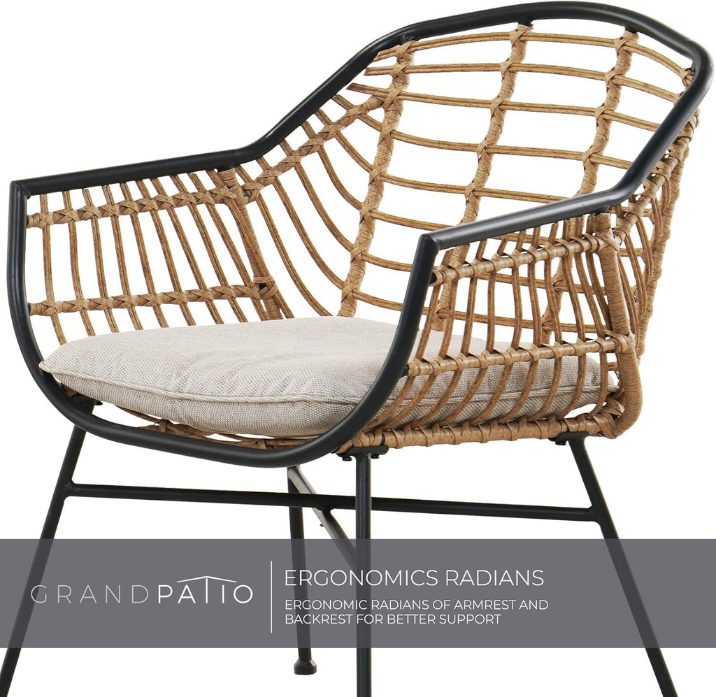 Grand patio Patio Furniture Set, Outdoor Wicker Patio Conversation Seating Chair with Cushions and Coffee Table, Boho Seating Chat Set for Indoor Outdoor, Balcony, Porch, Garden, Deck