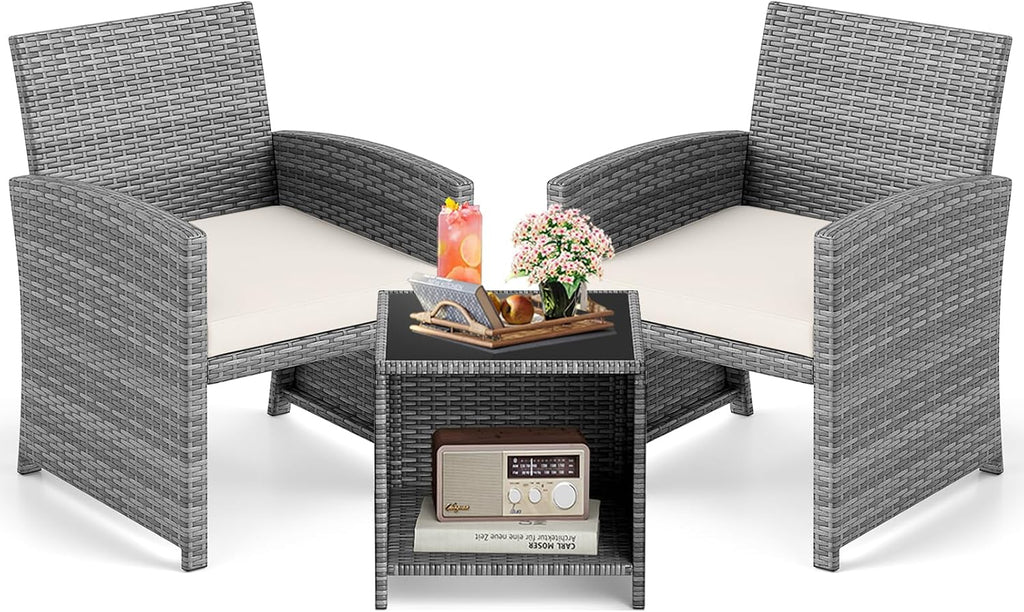 KOTEK 3 Piece Patio Furniture Set, Outdoor Wicker Patio Chairs with Cushions & Storage Table, PE Rattan Bistro Set for Porch, Backyard, Balcony (Off White)