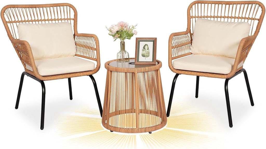 3 Piece Outdoor Wicker Furniture Bistro Set, Rattan Chairs Conversation Sets with Solar Light, Wicker Patio Furniture for Balcony Poolside Backyard, Beige