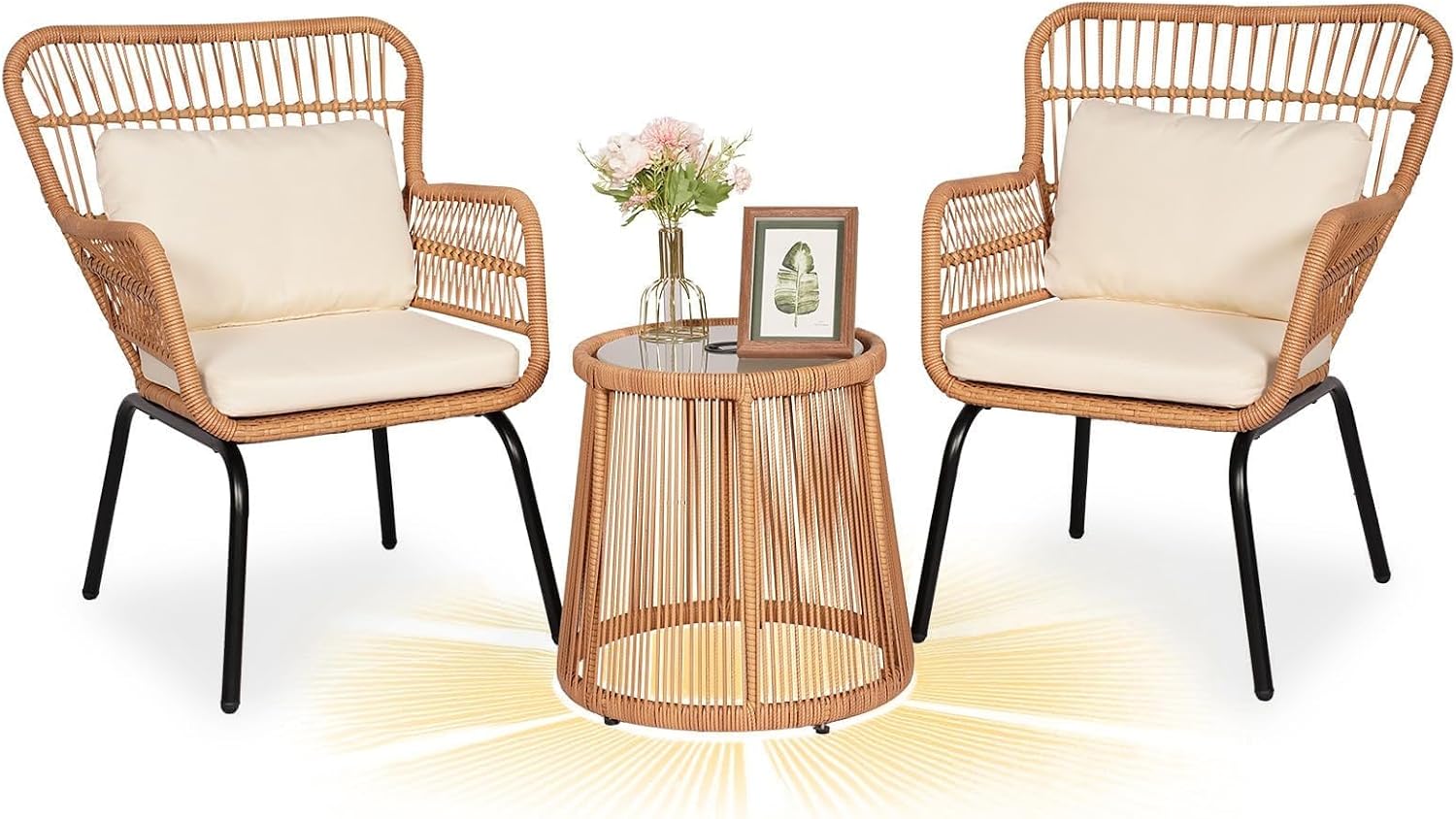 3 Piece Outdoor Wicker Furniture Bistro Set, Rattan Chairs Conversation Sets with Solar Light, Wicker Patio Furniture for Balcony Poolside Backyard, Beige