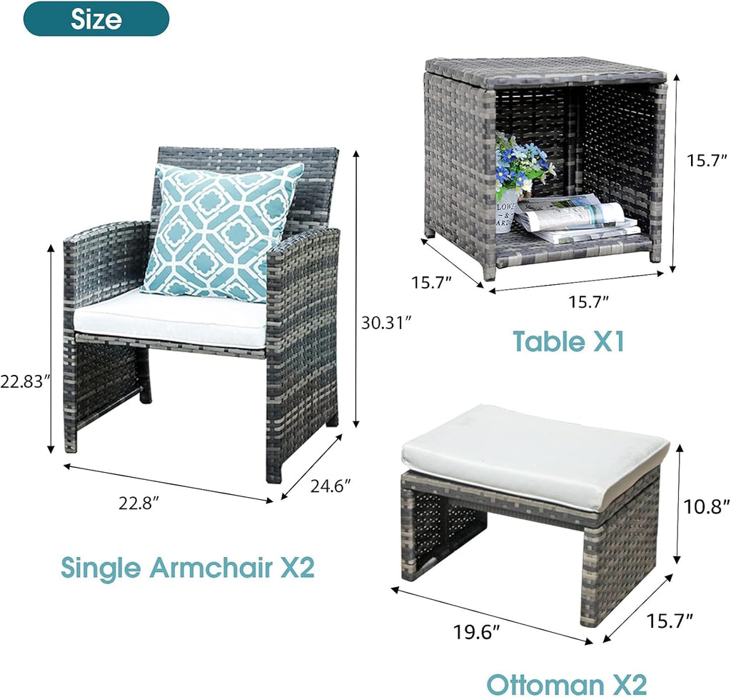 OC Orange-Casual 5 Piece Patio Furniture Set, Wicker Outdoor Conversation Chair and Ottoman Set with Coffee Table, Pillows Included, for Balcony, Porch, Deck, White