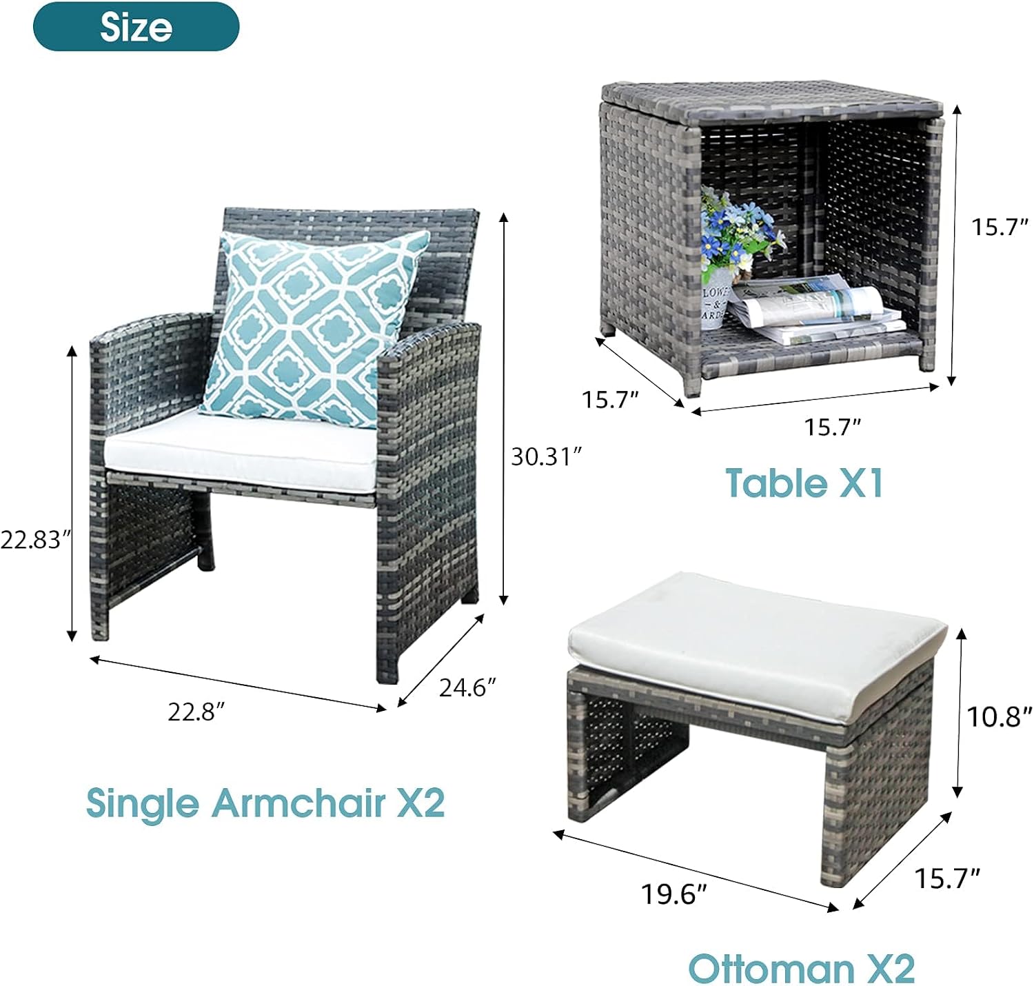 OC Orange-Casual 5 Piece Patio Furniture Set, Wicker Outdoor Conversation Chair and Ottoman Set with Coffee Table, Pillows Included, for Balcony, Porch, Deck, White
