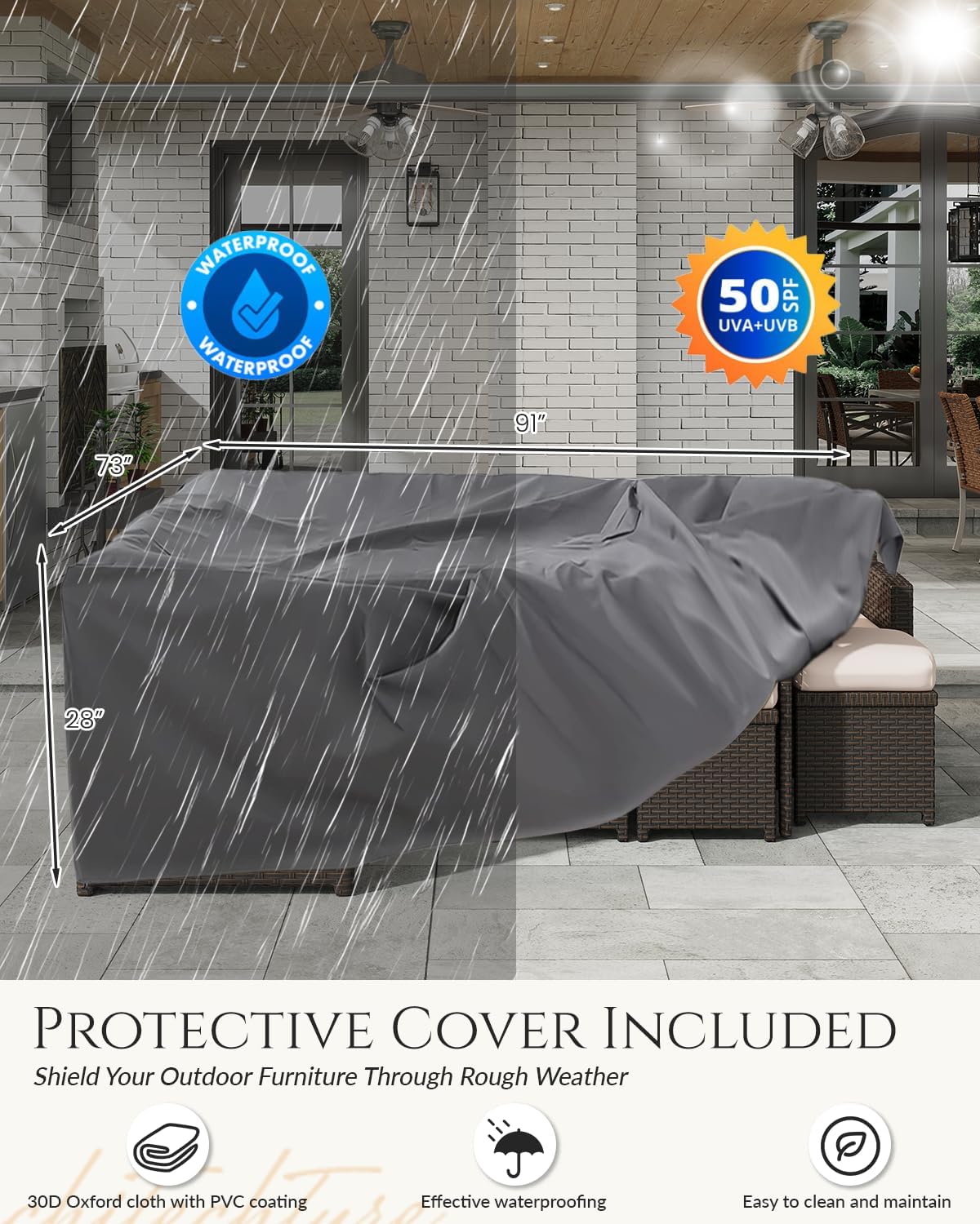 U-MAX 7 Pieces Patio Furniture Set with Waterproof Cover, Outdoor Sectional Sofa Conversation Set, All Weather Wicker Rattan Dining Table & Chair with Ottoman, Brown Rattan&Khaki Cushion