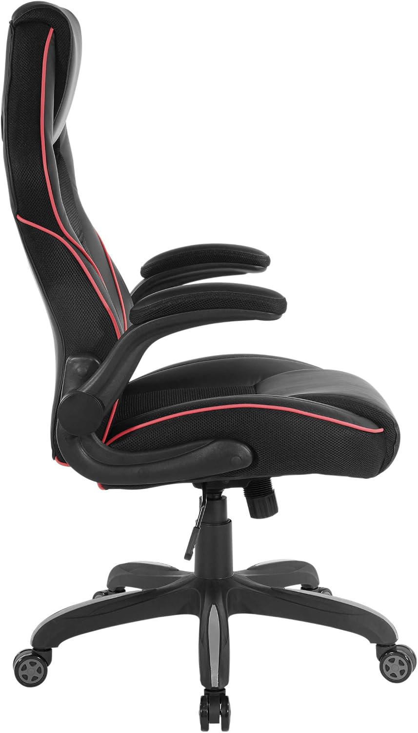 OSP Home Furnishings Xeno Ergonomic Adjustable Faux Leather Gaming Chair with Integrated Headrest and Airflow Cooling Material, Black with Red Accents