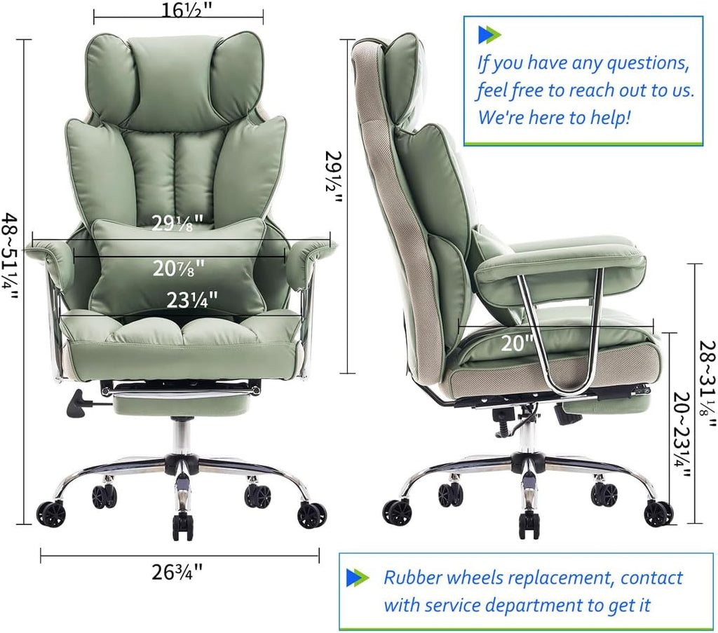 Efomao Big and Tall Office Chair 400lbs - Executive Office Chairs with Footrest, Heavy-Duty PU Leather Computer Chair for Heavy People, Light Green Home Office Desk Chairs
