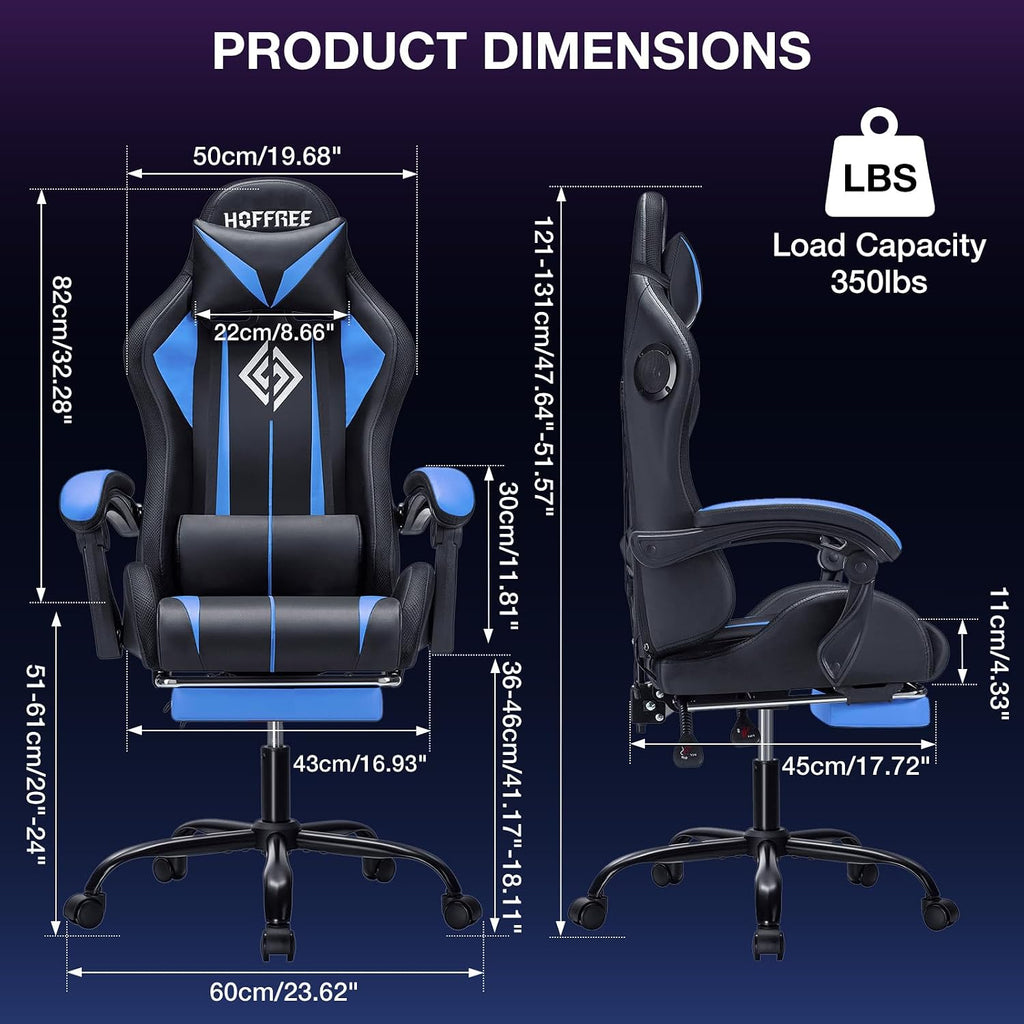 HOFFREE RGB Gaming Chair with Speakers Massage Computer Gaming Chair with LED Lights and Footrest High Back Video Game Chair for Adults Blue and Black