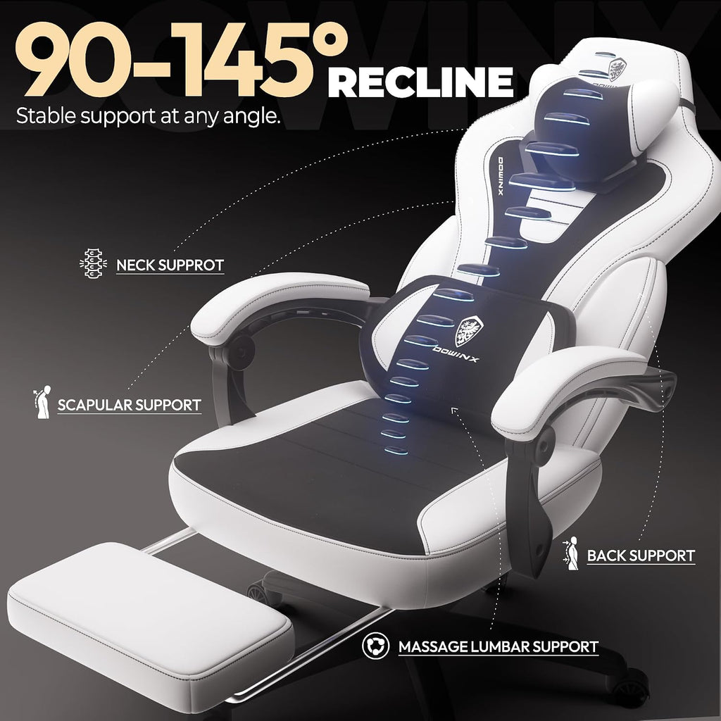 Dowinx Gaming Chair with Footrest,Big and Tall Game Chair for Heavy People, Gamer Chair with Massage Lumbar Support,Ergonomic Computer Gaming Chair for 200lbs (White)