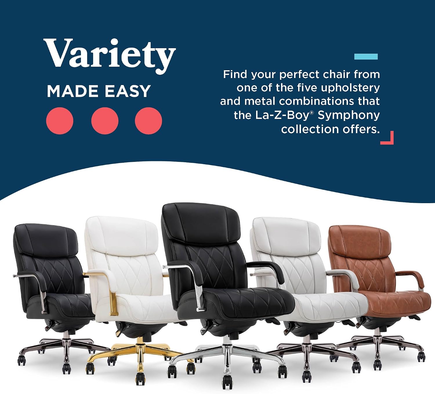La-Z-Boy Symphony Executive Mid-Back Office Chair, Diamond Quilt Seat and Back, Pocket Coil Cushion, Padded Armrests, Ergonomic Computer DeskChair, Swivel Metal Base, Bonded Leather, Black/Chrome