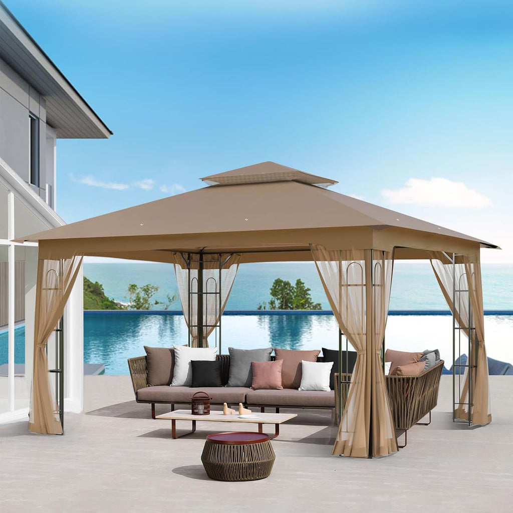 Outdoor Gazebo with Mosquito Netting 13x11 at Top and 12x10 at Base, Double Tier Roof Patio Gazebo Pavilion for Backyards, Patio, Garden and Lawn, Brown
