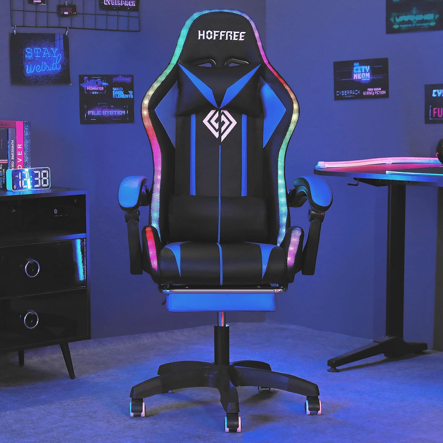 HOFFREE RGB Gaming Chair with Speakers Massage Computer Gaming Chair with LED Lights and Footrest High Back Video Game Chair for Adults Blue and Black
