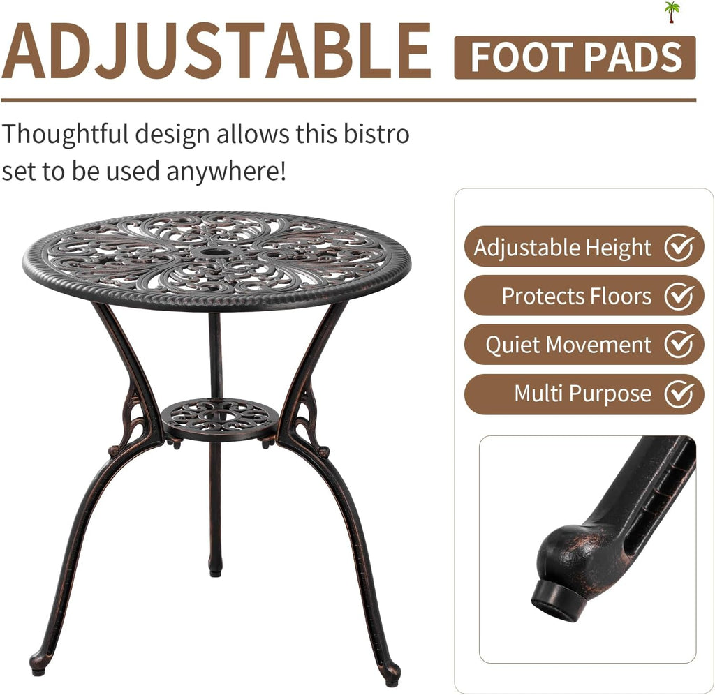 3 Piece Cast Aluminum Bistro Set, Bronze Bistro Table and Chairs Set of 2, 3 Piece Patio Furniture Set with 1.97' Umbrella Hole for Backyard, Balcony, Deck
