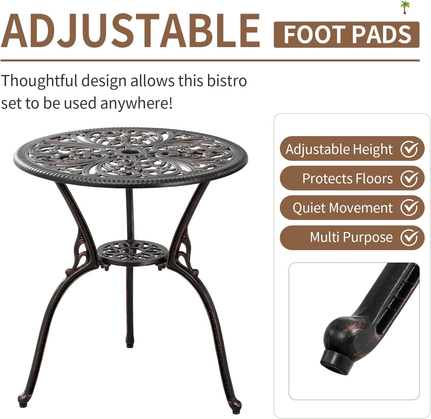 3 Piece Cast Aluminum Bistro Set, Bronze Bistro Table and Chairs Set of 2, 3 Piece Patio Furniture Set with 1.97' Umbrella Hole for Backyard, Balcony, Deck