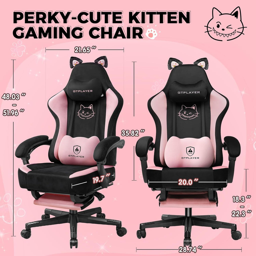 Pink Gaming Chair Cute with Cat Ears Ergonomic Computer Chair with Cat Embroidery Adjustable Memory Foam Lumbar Support and Headrest Comfortable Reclining Office Chair Soft Velvet Fabric