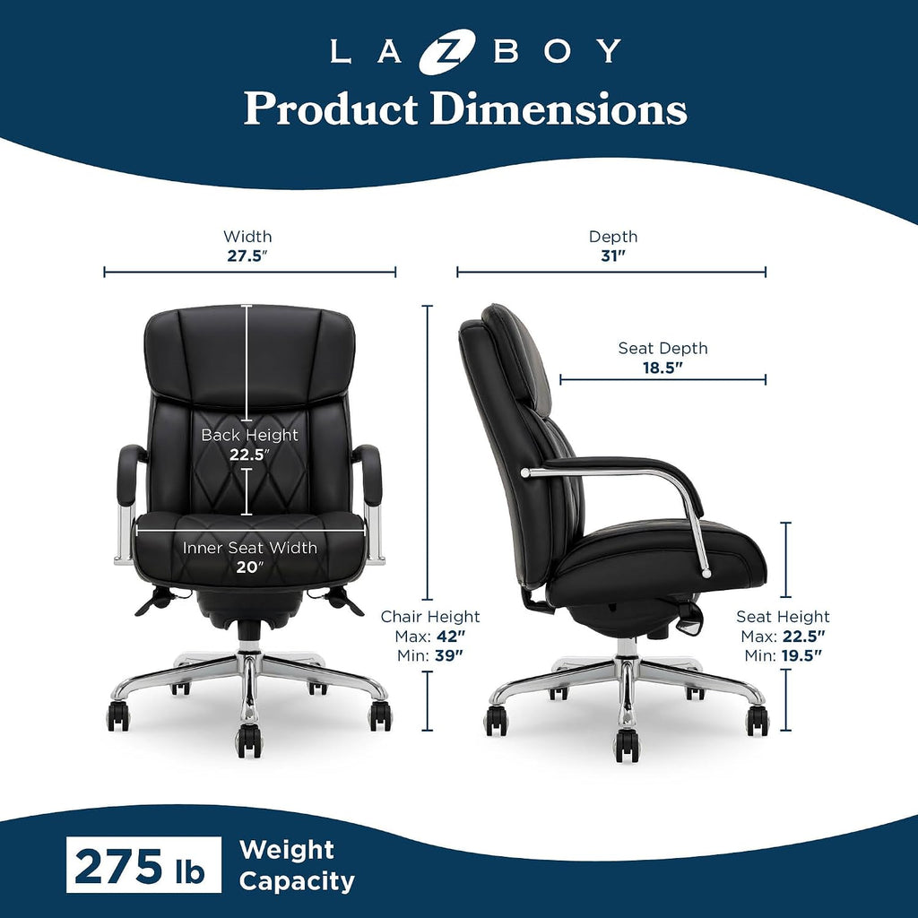 La-Z-Boy Symphony Executive Mid-Back Office Chair, Diamond Quilt Seat and Back, Pocket Coil Cushion, Padded Armrests, Ergonomic Computer DeskChair, Swivel Metal Base, Bonded Leather, Black/Chrome