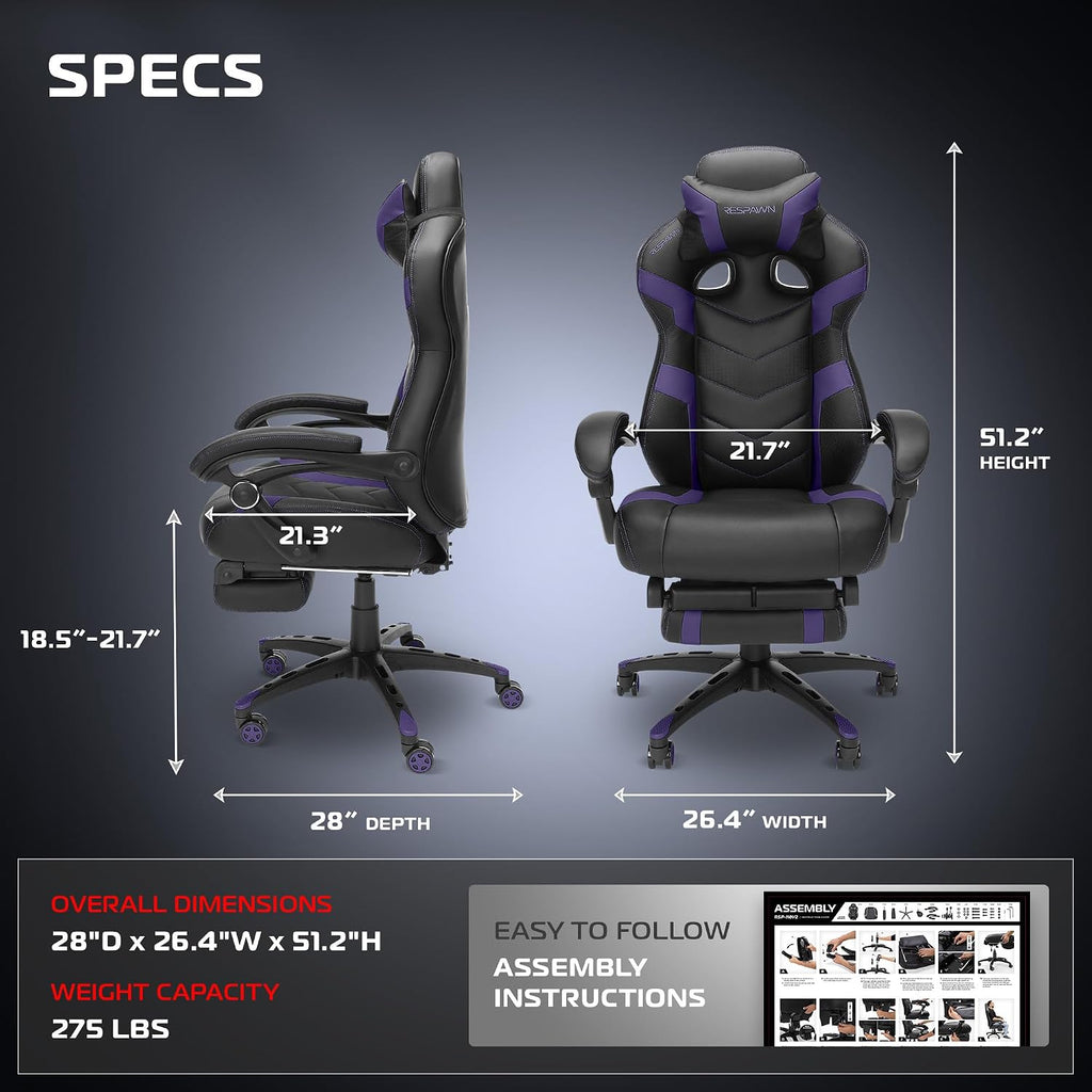 Respawn 110 Pro Ergonomic Gaming Chair with Footrest for Adults - Comfortable Office Gaming Recliner with Lumbar Support and Headrest, Racing Style Video Game Chairs for Computer Gamer - Purple