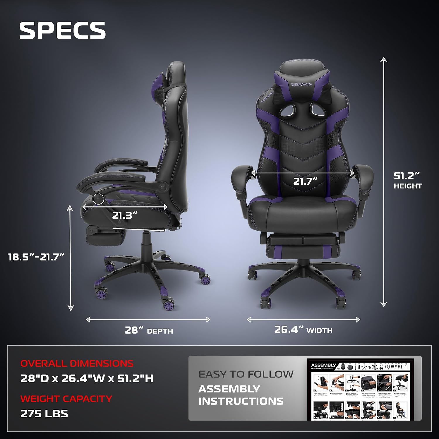 Respawn 110 Pro Ergonomic Gaming Chair with Footrest for Adults - Comfortable Office Gaming Recliner with Lumbar Support and Headrest, Racing Style Video Game Chairs for Computer Gamer - Purple