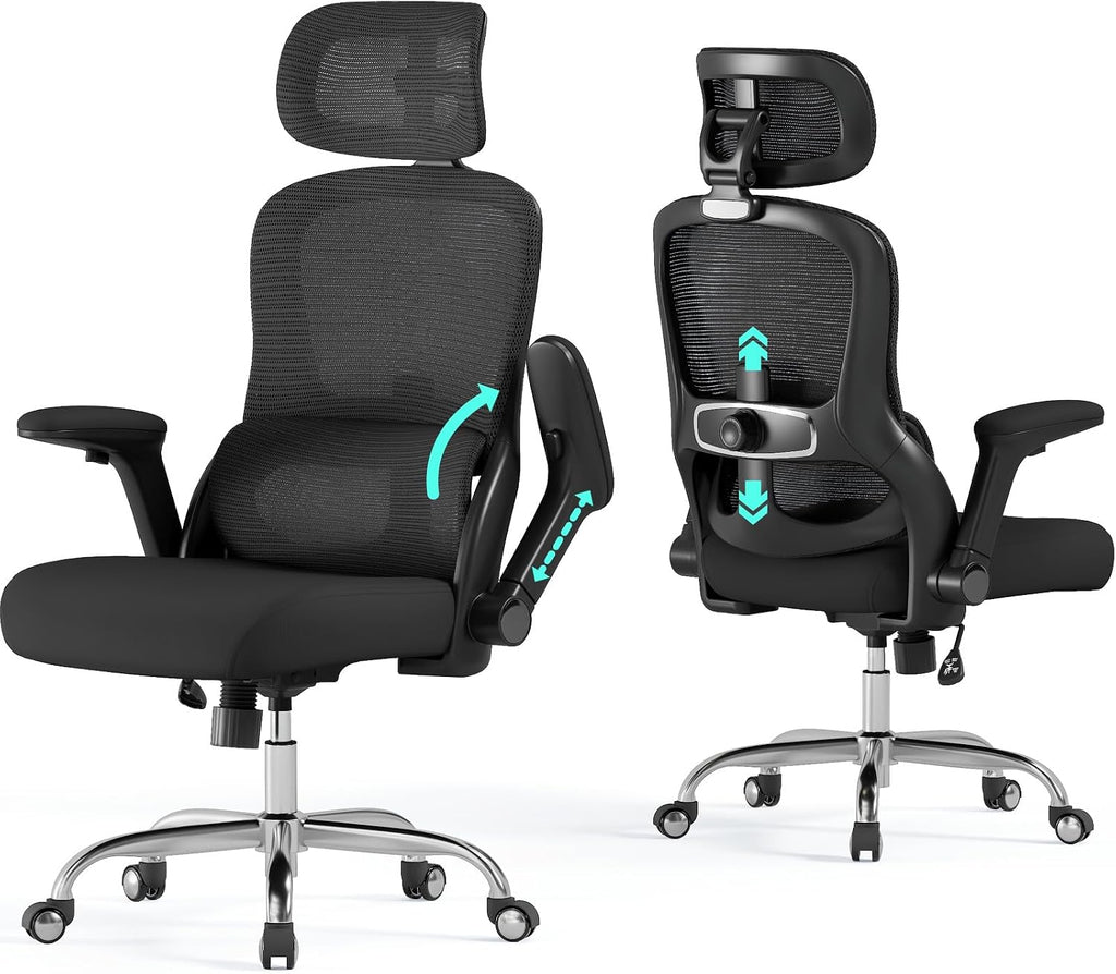 Office Chair - Ergonomic Desk Chair with Adjustable Headrest Lumbar Support Computer Chair - Mesh Comfy Chairs with Flip-up Armrests - Big and Tall Gaming Chairs for Adults Home Office(Black)
