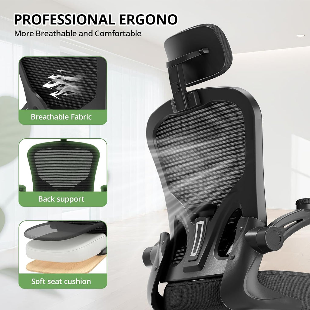 Office Chair Ergonomic Desk Chair, 330LBS Capacity, High Back Computer Chair for Long Hours Comfortable, Rolling Swivel Executive Task Chair for Home Office with Flip-up Armrests, Black