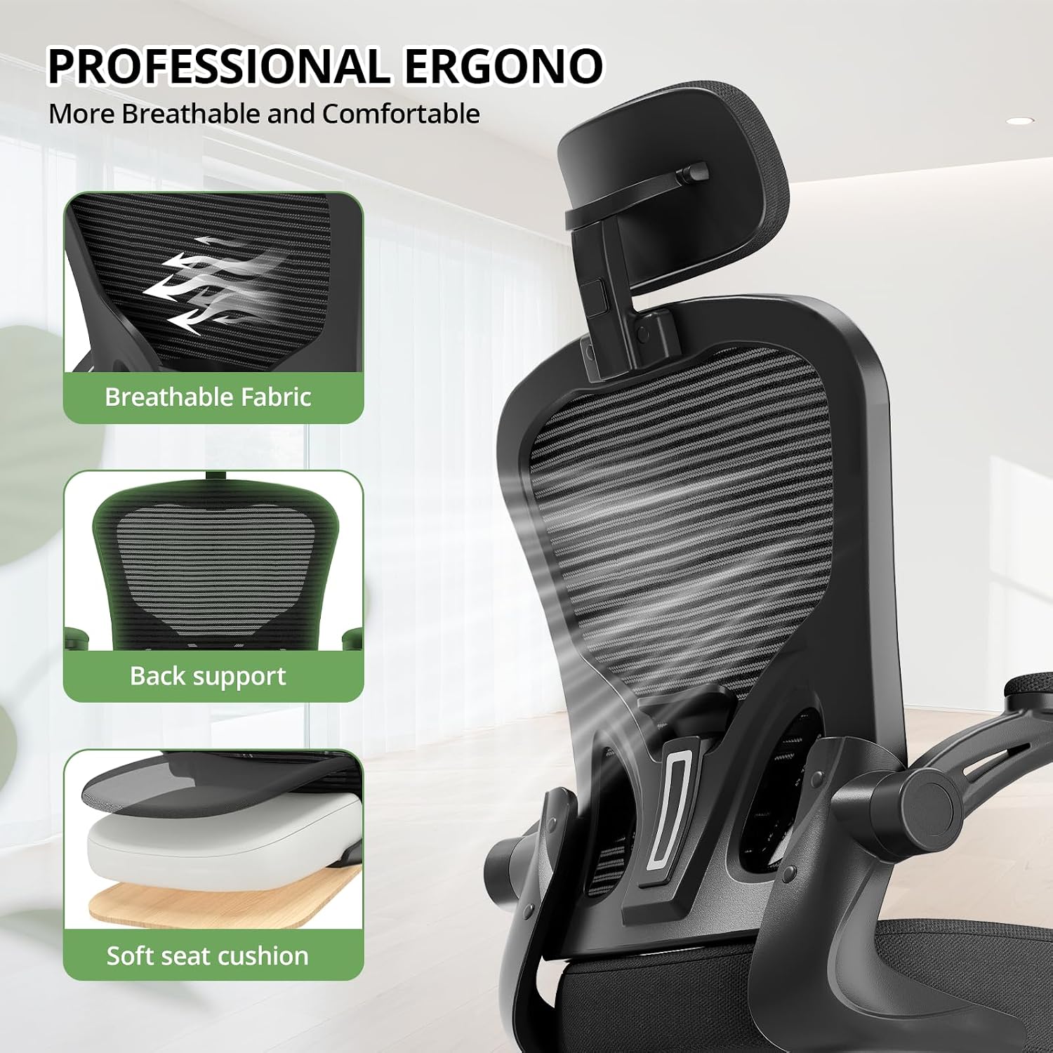 Office Chair Ergonomic Desk Chair, 330LBS Capacity, High Back Computer Chair for Long Hours Comfortable, Rolling Swivel Executive Task Chair for Home Office with Flip-up Armrests, Black