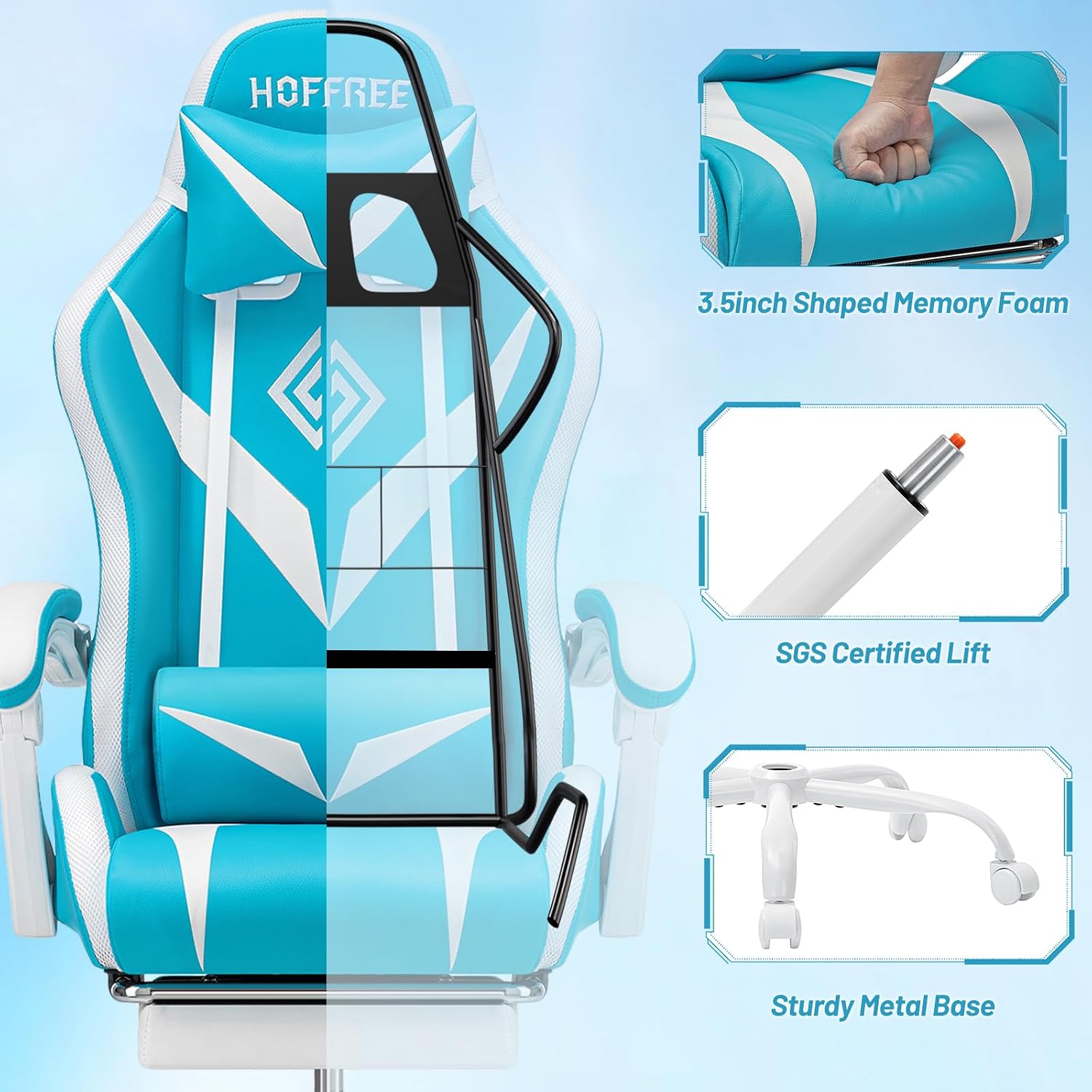 HOFFREE Gaming Chair with LED RGB Lights Massage Ergonomic Video Game Chairs with Footrest High Back Reclining Computer Chair with Adjustable Lumbar Support Blue and White