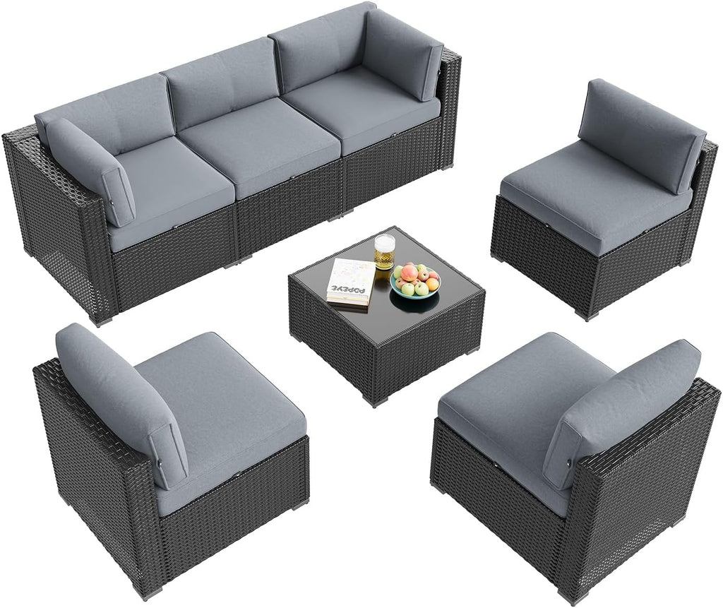 Aoxun Patio Furniture Set, 7 Piece Outdoor Sectional Sofas with Waterproof Cover, Wicker Rattan Outdoor Furniture Patio Conversation Set for Backyard, Garden Light Grey