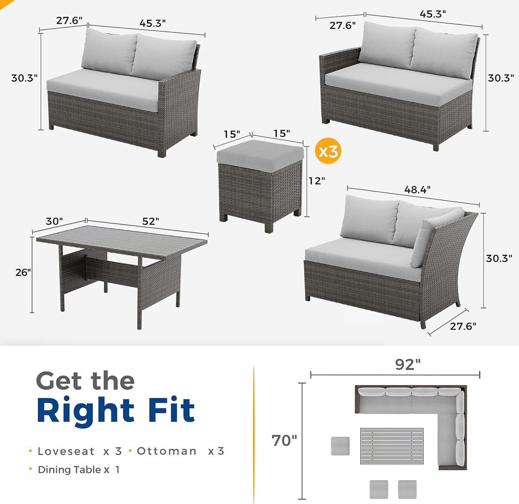 Wisteria Lane 7 Piece Patio Furniture Set, High Curved Back Wicker Patio Sectional, All Weather Outdoor Dining Set, Outdoor Furniture Patio Conversation Set with Ottoman, Grey