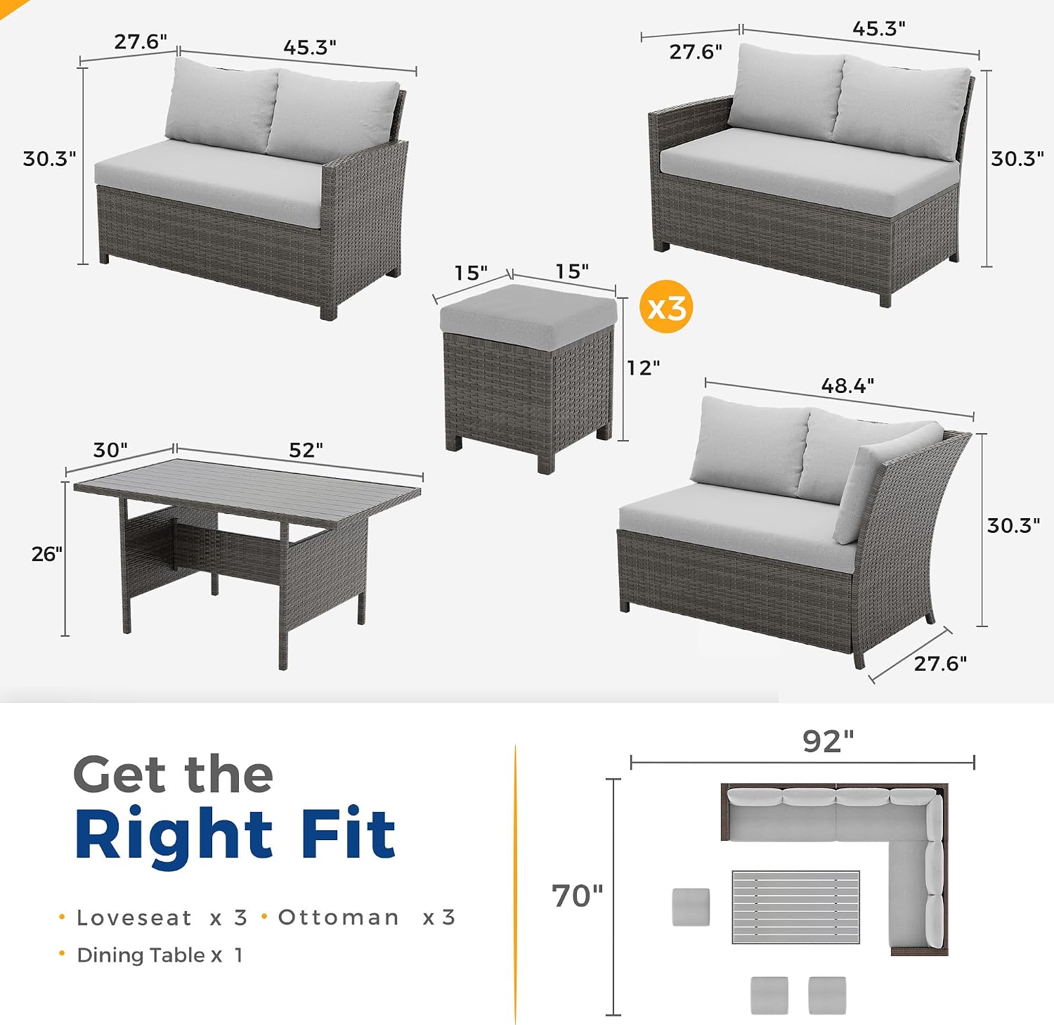Wisteria Lane 7 Piece Patio Furniture Set, High Curved Back Wicker Patio Sectional, All Weather Outdoor Dining Set, Outdoor Furniture Patio Conversation Set with Ottoman, Grey