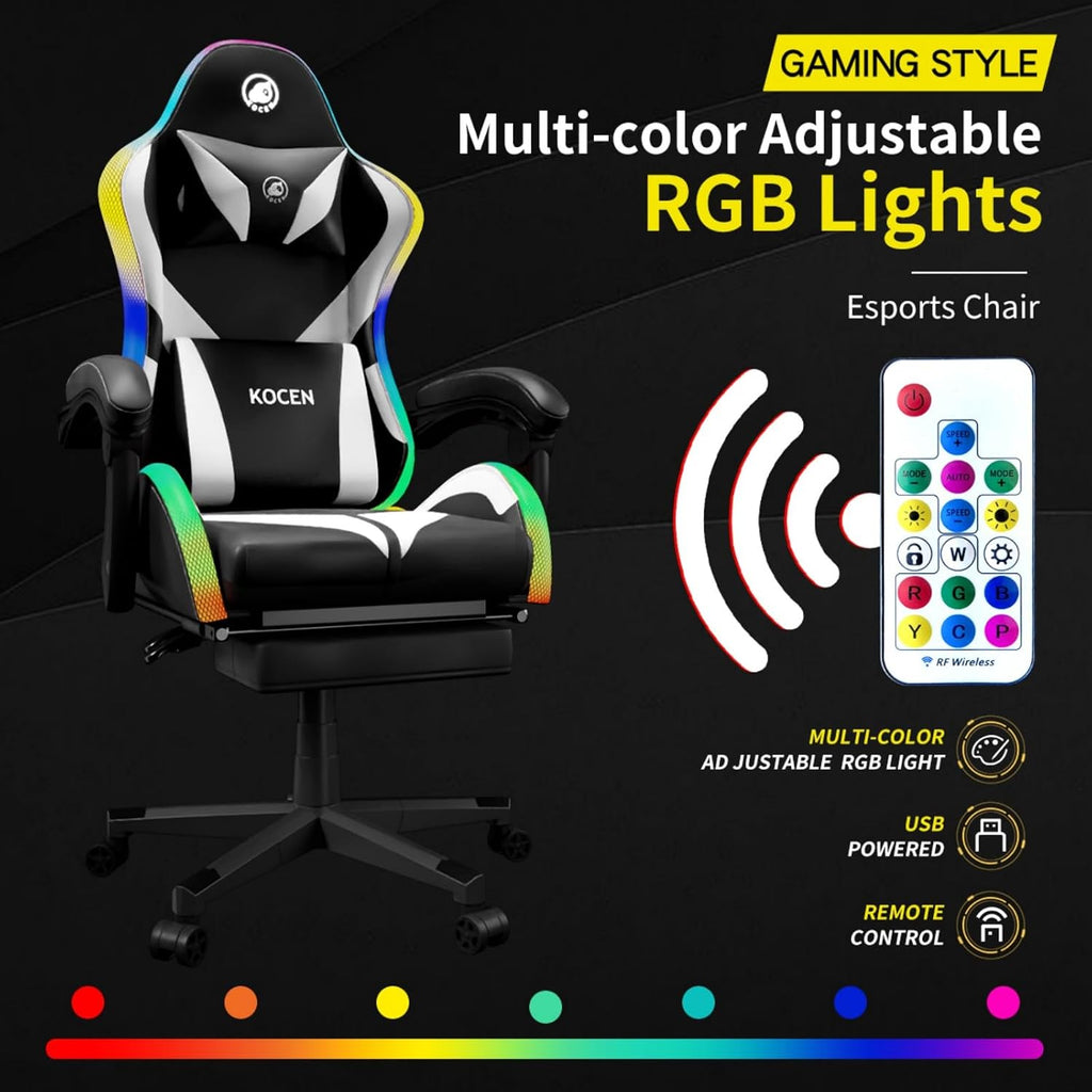 Gaming Chairs for Adults Tall and Kids，Lumbar Support,LED Lights，High Back Reclining Computer Chair with Headrest (Black+White)